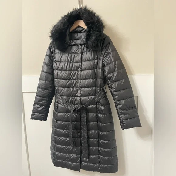 Kenneth Cole Black Women Puffer Faux Fur Hood Winter Coat Size Large